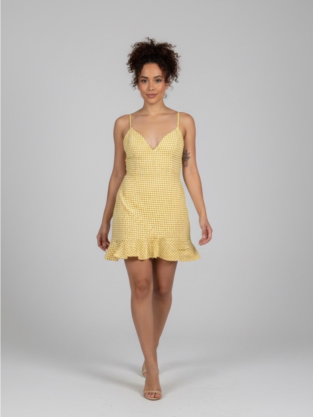 Lyn Burches Yellow Gingham Ruffle-Hem Mini Dress cottage core summer light